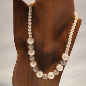 Vintage Glass Pearl Disco Rhinestone Ball Necklace 18.5" - 21.5" White Silver